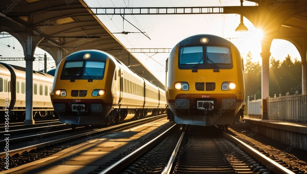 Naklejka premium High-Speed Trains Awaiting Departure at a Modern Railway Station Platform