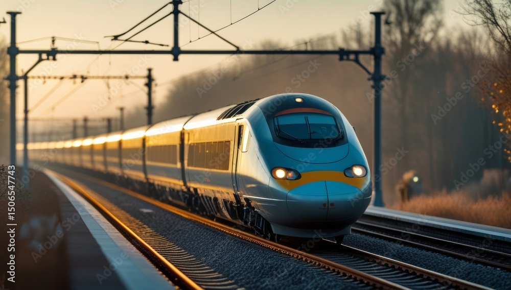 Fototapeta premium Modern high speed train traveling through countryside during golden hour