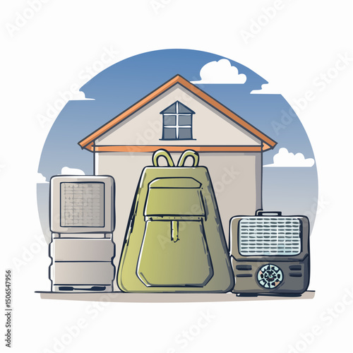 A detailed vector illustration showing essential disaster preparedness items, including emergency supplies, safety tools, and backup equipment.