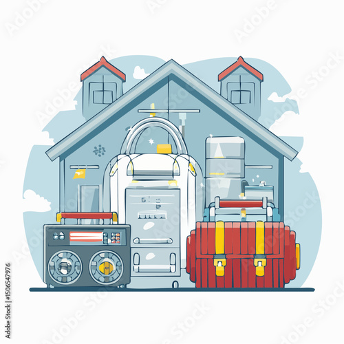 A detailed vector illustration showing essential disaster preparedness items, including emergency supplies, safety tools, and backup equipment.