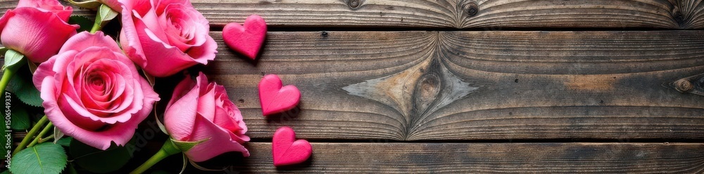 Fototapeta premium Romantic pink roses & heart on rustic wood Valentine's Day background , rose petals, rustic background