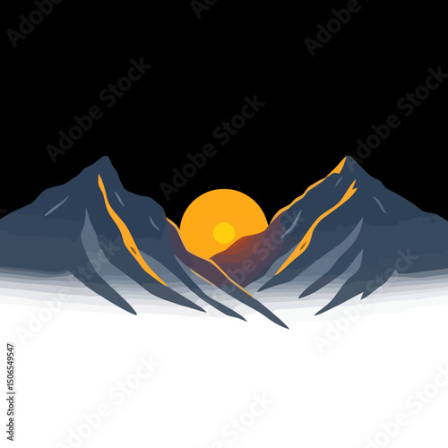 Mountain Silhouette at Sunset: The sun sets dramatically behind majestic mountain peaks. The scene captures a blend of shadow, light, and tranquility.