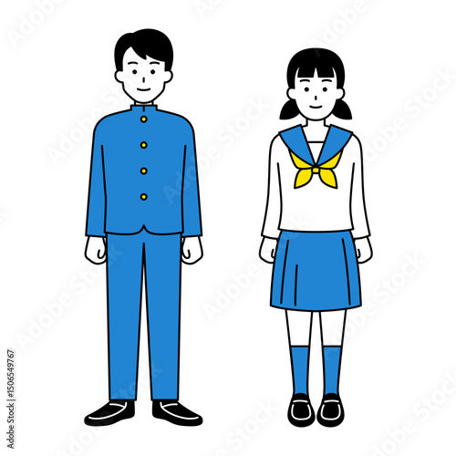 直立する男女の学生（全身）