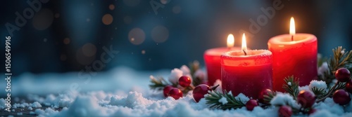 Snow-covered candles glow softly in the advent season , snow, cozy
