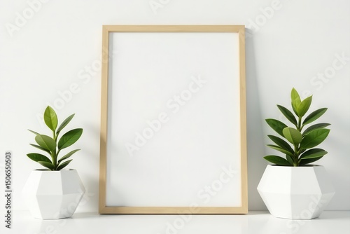 White wall, wooden frame mockup, plants, geometric pot, minimal home decor , style, shelf, plant