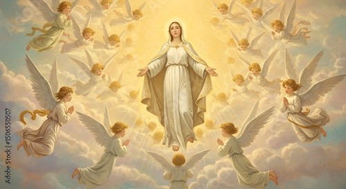 A woman in white robes surrounded by angels floats amidst clouds and golden light