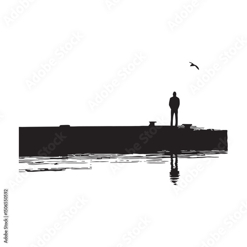 A person standing at the edge of a dock minimalist silhouette design