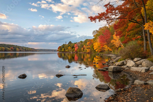 Serene Autumn Lake Landscape with Calm Water and Rocks