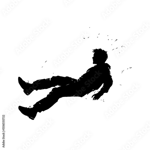 Black silhouette of a man falling in mid-air with dynamic posture on white background. Concept of loss, danger, and surreal dreamlike state