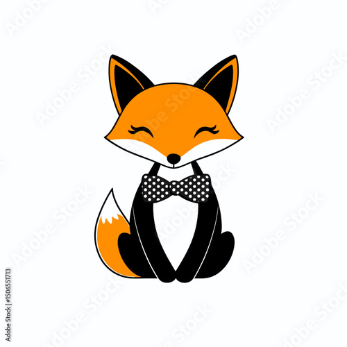 An adorable retro style cartoon fox sitting upright with a polka-dot bow tie, outlined in crisp black strokes on a pure white background