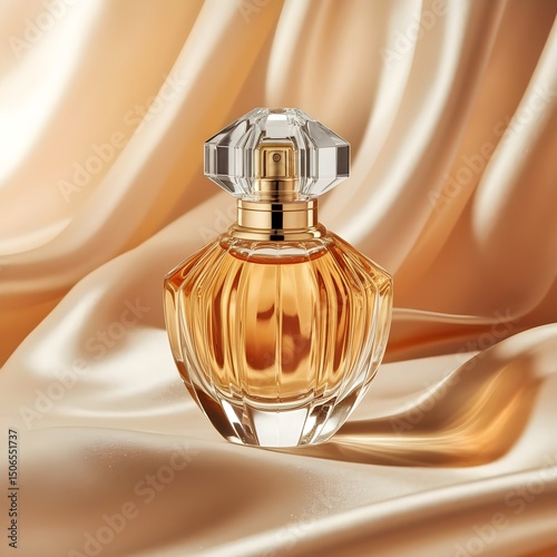 Elegant perfume bottle on a draped golden silk background