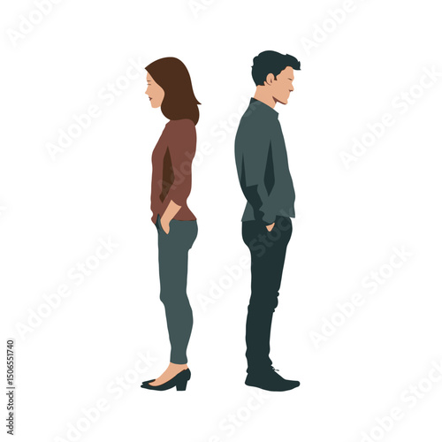 Illustration of a man and woman standing back-to-back, both appearing tense on white background. Concept of confrontation, divorce, conflict and misunderstanding in family