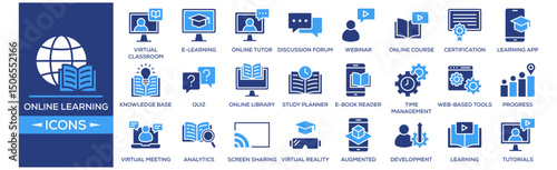 Online Learning icon set. Containing design Virtual Classroom, E-Learning Platform, Online Tutor, Discussion Forum, Webinar. Solid icon collection.
