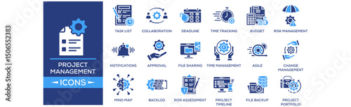 Project Management icon set. Containing design Deadline, Task List , Time Tracking, Milestone, Collaboration. Solid icon collection.