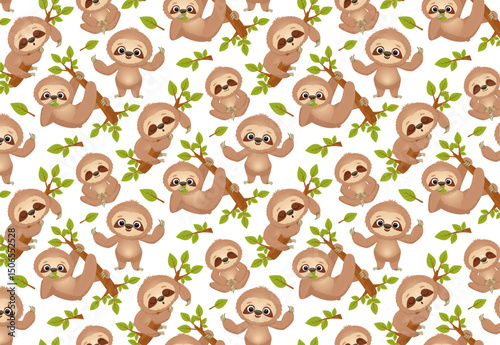 Playful seamless pattern with adorable cartoon sloths happily climbing tree branches and hanging from them. Sloths exude charm and happiness, making this pattern perfect for nursery designs, nursery d