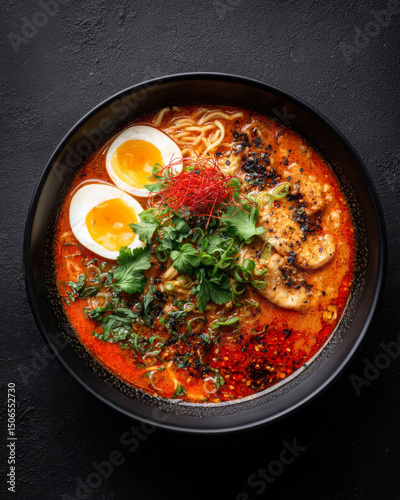 Overhead view of spicy tantanmen ramen in black bowl looks strong