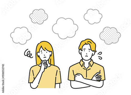 イラスト素材：何かに困っている若い男女、上半身イラスト