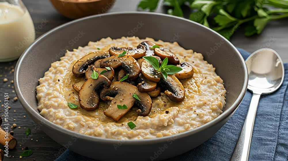 Savory oatmeal with sautéed mushrooms and herbs in a bowl Savory oatmeal with sautéed mushrooms and herbs in a bowl