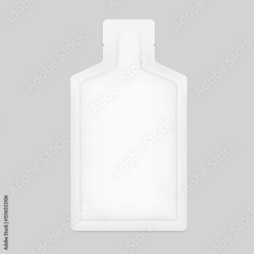 Sachet bag mockup for energy gels, sport nutrition, cosmetics. Vector illustration isolated on grey background. Flat lay view. Can be use for template your design, presentation, promo, ad. EPS10.