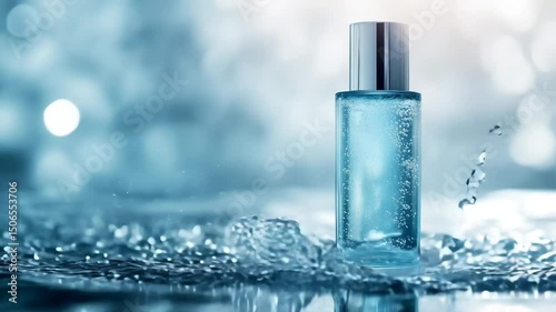 A bottle of perfume is floating on top of a wave of water. Concept of luxury and relaxation, as the perfume is often associated with self-care and pampering. The water adds a sense of movement