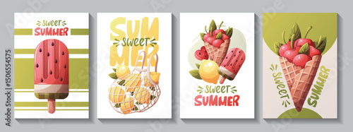 Summer card set with cherries in a waffle cone, watermelon popsicle, lemons in a net bag. "Sweet Summer" Handwritten lettering. Vector illustration for card, postcard, poster, banner.