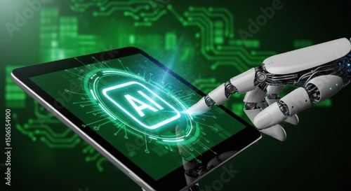 Robotic hand touching a tablet with AI icon for artificial intelligence concept. Future technology interaction and modern machine learning application.
