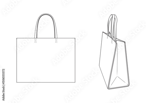 Vector fashion technical drawings of a tote bag with front and three quarter view. Short handles. Vegan leather material.
