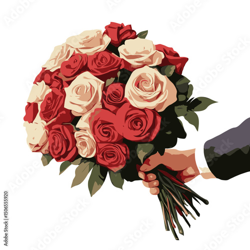 Man hand holding bouquet of red and white roses, stylized graphic style on white background, concept of love, celebration or romance flower delivery