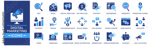 Digital Marketing and Analytics icon set. Containing design SEO, Email Marketing, Social Media Ads, Pay-Per-Click, Content Marketing. Solid icon collection.