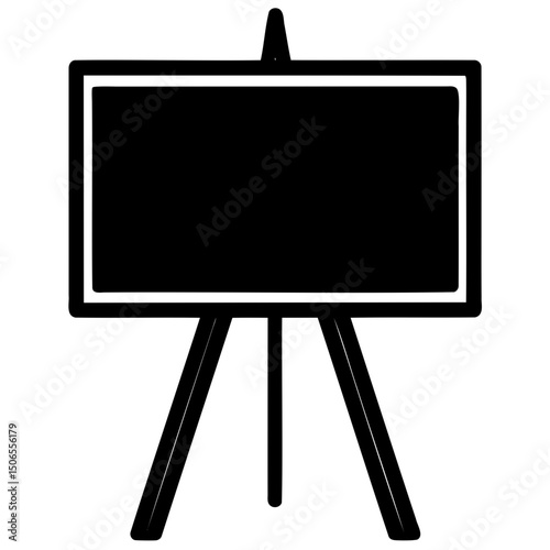 Illustration of a black framed blank easel standing on three legs in white space on transparent background