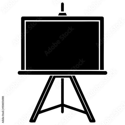 Illustration of a black easel with a blank rectangular canvas on a white background on transparent background
