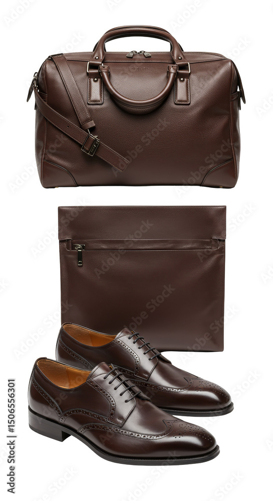 Leather Goods Accessories Brown Shoes And Handbag Isolated On White Background Leather Goods Accessories Brown Shoes And Handbag Isolated On White Background