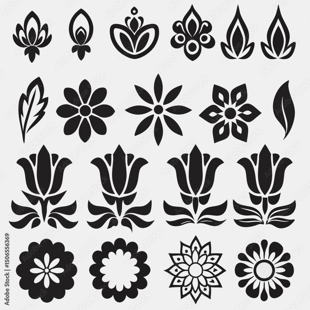Obraz premium Geometric Garden: Abstract Floral Vectors & Botanical Icons, Flower shape vector, floral icon set, flowers vector silhouette, symmetrical floral patterns, lotus, petals, abstract blossoms.