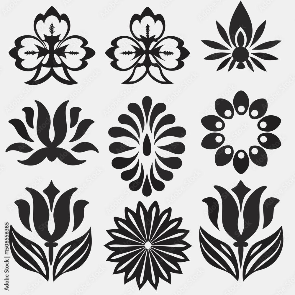 Fototapeta premium Geometric Garden: Abstract Floral Vectors & Botanical Icons, Flower shape vector, floral icon set, flowers vector silhouette, symmetrical floral patterns, lotus, petals, abstract blossoms.