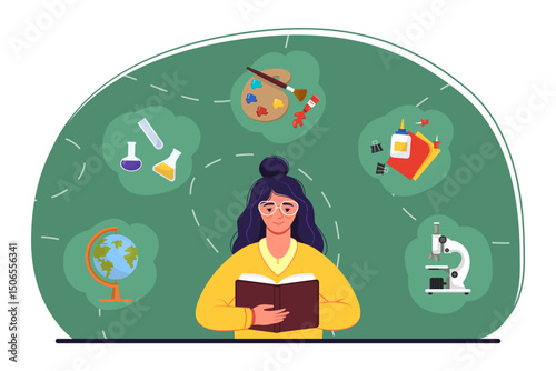 Girl Reading Book Surrounded by Education Icons.