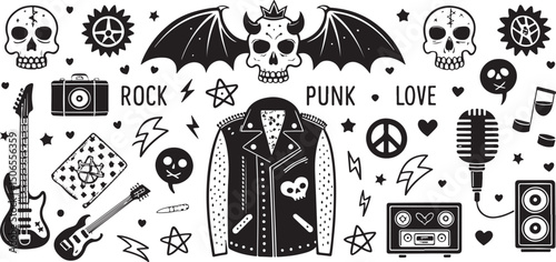 Punk Rock Doodle Set – Skulls, Guitars, Leather Jacket, and Music Icons