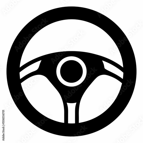 Simple black and white steering wheel icon minimalist car control symbol on isolated background.