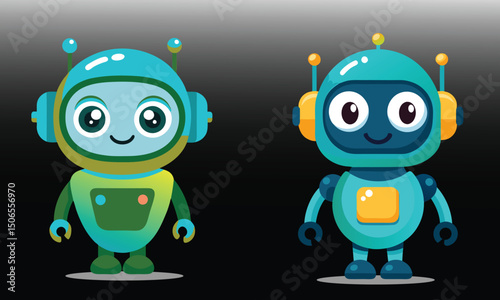 Colorful Cartoon Robots with Smiling Faces on a Gradient Vector Background