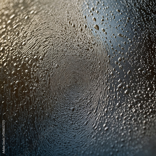 Macro photo of fingerprint residue left on a mirror surface revealed by soft angled light showing ridge patterns and skin oil traces in high detail on reflective background, the smudges