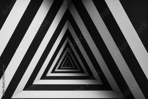Series of black and white concentric triangles create hypnotic optical illusion, drawing viewer eye towards center. geometric pattern is bold and striking
