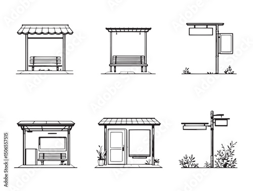minimalist bus stop line art drawing for transport icons