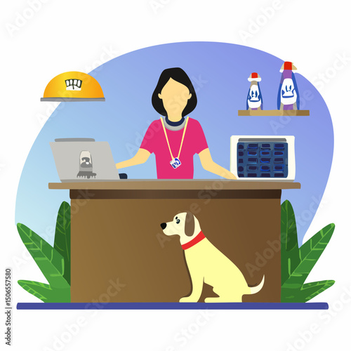 A modern vector illustration of smart pet care tools in action, including GPS tracking, feeding automation, and digital vet access.
