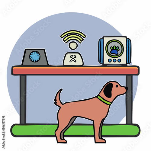 A modern vector illustration of smart pet care tools in action, including GPS tracking, feeding automation, and digital vet access.