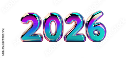 3D 2026 text in a shiny metallic holographic style