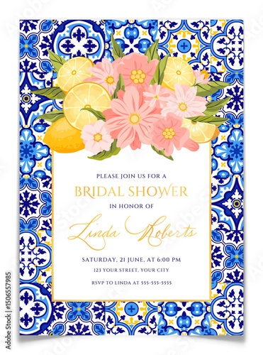 Blue Tiles, Lemons and Flowers Bridal Shower Card.