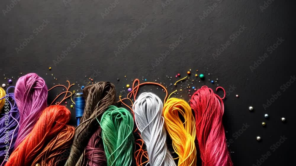 Colorful threads on dark surface