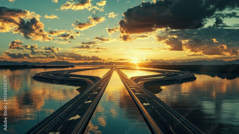Obraz premium Sunrise over waterway pathway