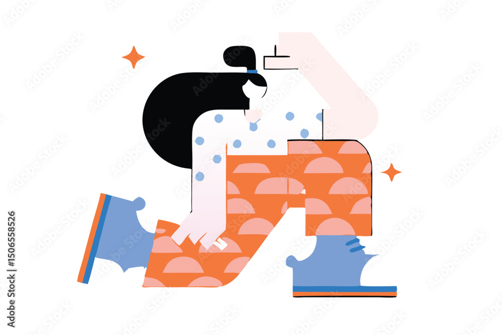 Fototapeta premium Minimalist Jumping Character Illustration – Modern Cartoon Style, Bold Colors, Floating Person with Abstract Clouds for Tech Branding, Editorial, and App Design.
