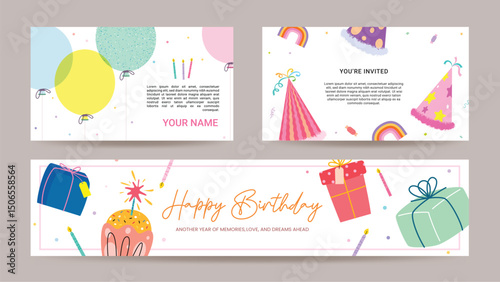 Happy birthday greeting card clipart banner set. Birthday invitation card template clip art collection with flat colorful drawing elements like balloons, party hat and gift box banner design vector 