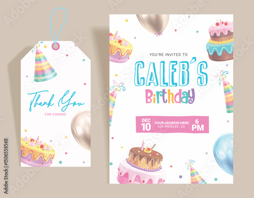 Birthday girl invitation card clipart template set. Happy birthday invitation card and tags template with cake, party hat and balloon elements clip art collection in pink colorful background kids 